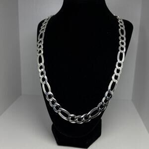 Italian 925 Sterling Silver Figaro Chain Necklace 12mm 23 Inch 71g Heavy Mens